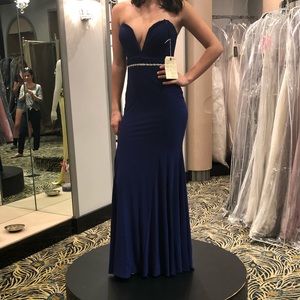 Navy Blue Prom Dress Rhinestone Belt